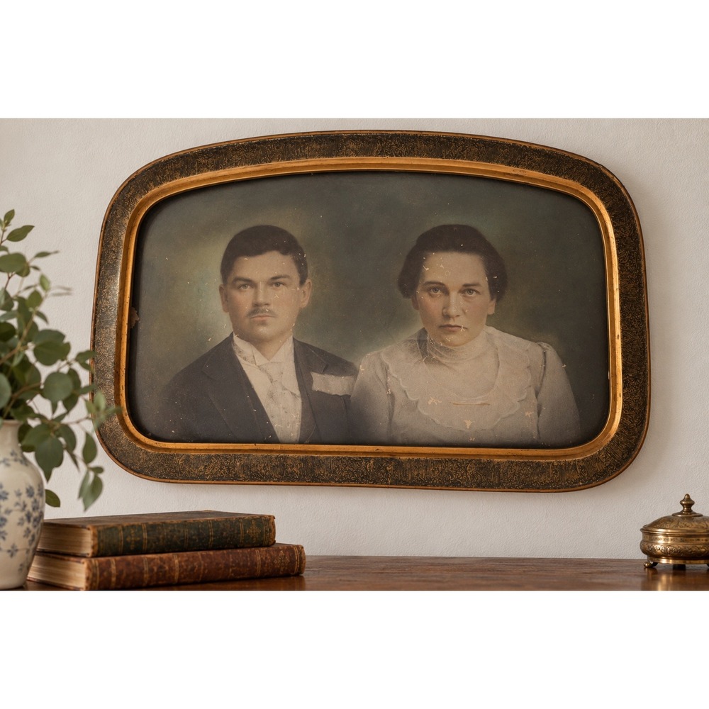 Antique Convex Bubble Glass Portrait Gold Black Ornate Wood Frame Wedding Couple